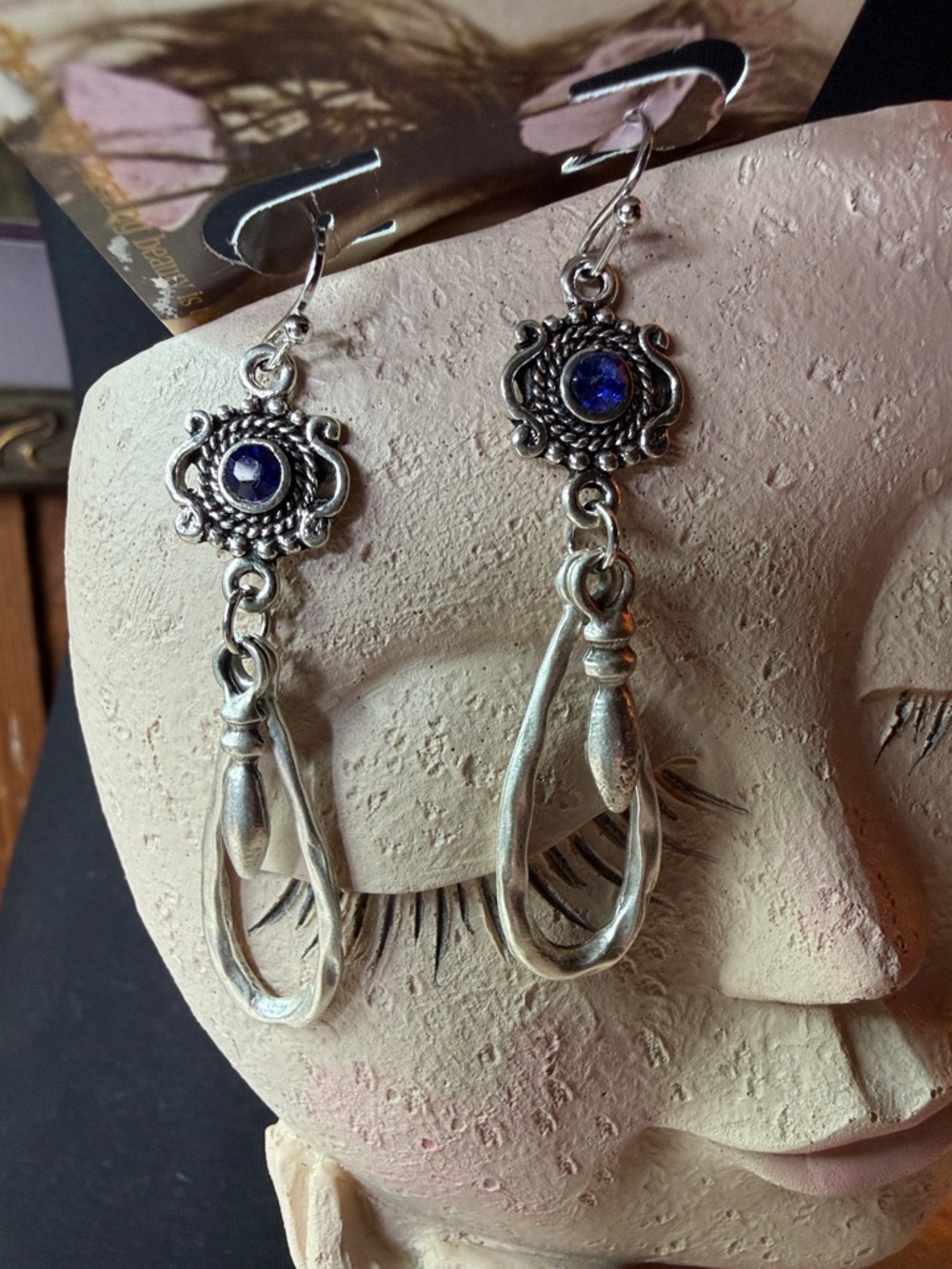 Silver-Tone Dangle Earrings with Blue Gem Accent - Women Jewelry